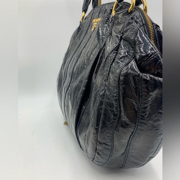 Auth Prada Black Patent Leather Whipstitch Tonal Stripe Satchel Lightweight - Picture 9 of 16